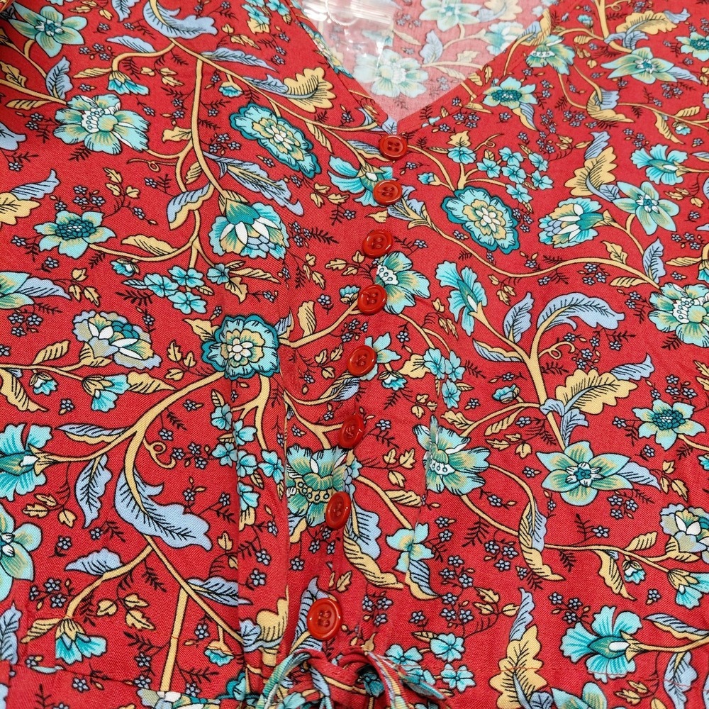 Temofon Womens Red Floral V-neckline Dress Size Medium Light Resort Holiday Chic - Picture 6 of 16